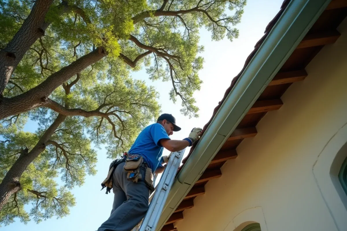 Worker on a tall ladder cleaning oak leaves from a church gutter below a long valley