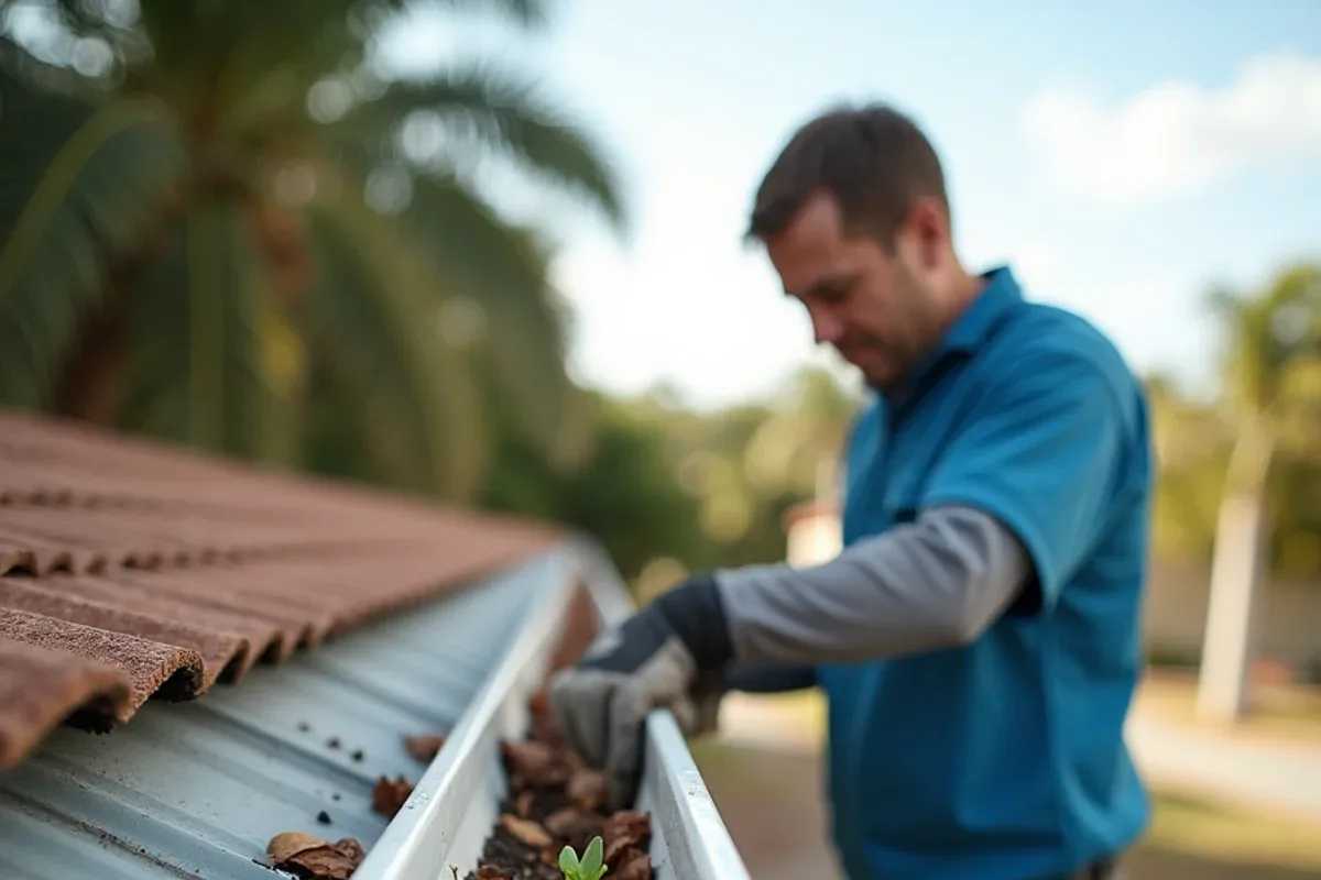 Wide warehouse gutter packed with compacted leaves, roof grit and a seedling before commercial gutter cleaning