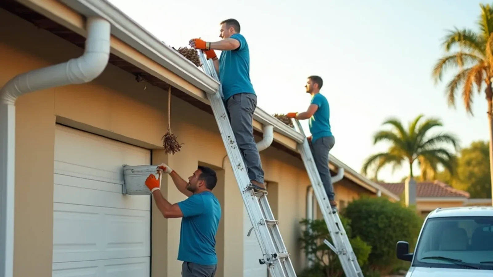 Two workers bagging leaves from a long warehouse gutter during commercial gutter cleaning