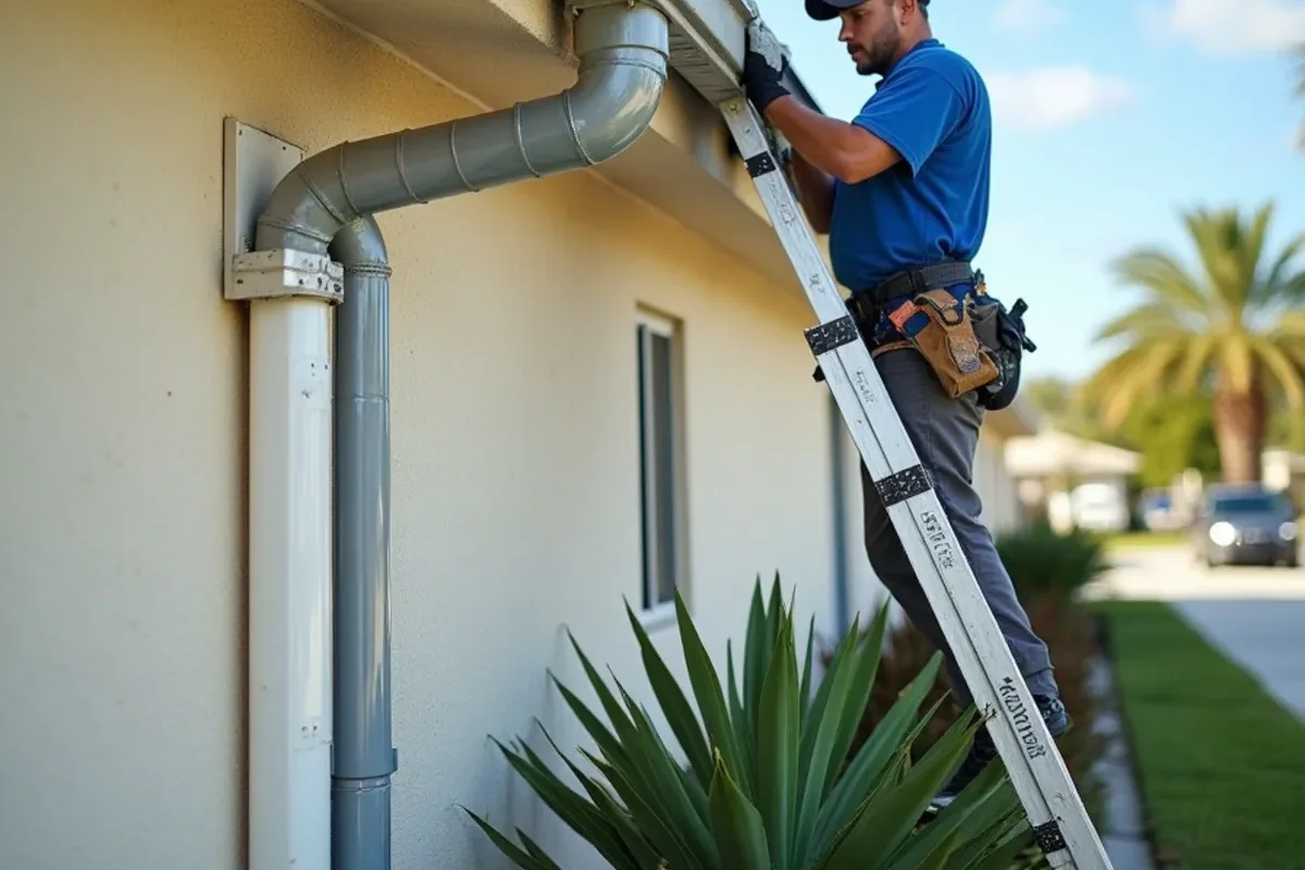 Oversized rectangular downspout and new leader head below a commercial roof scupper