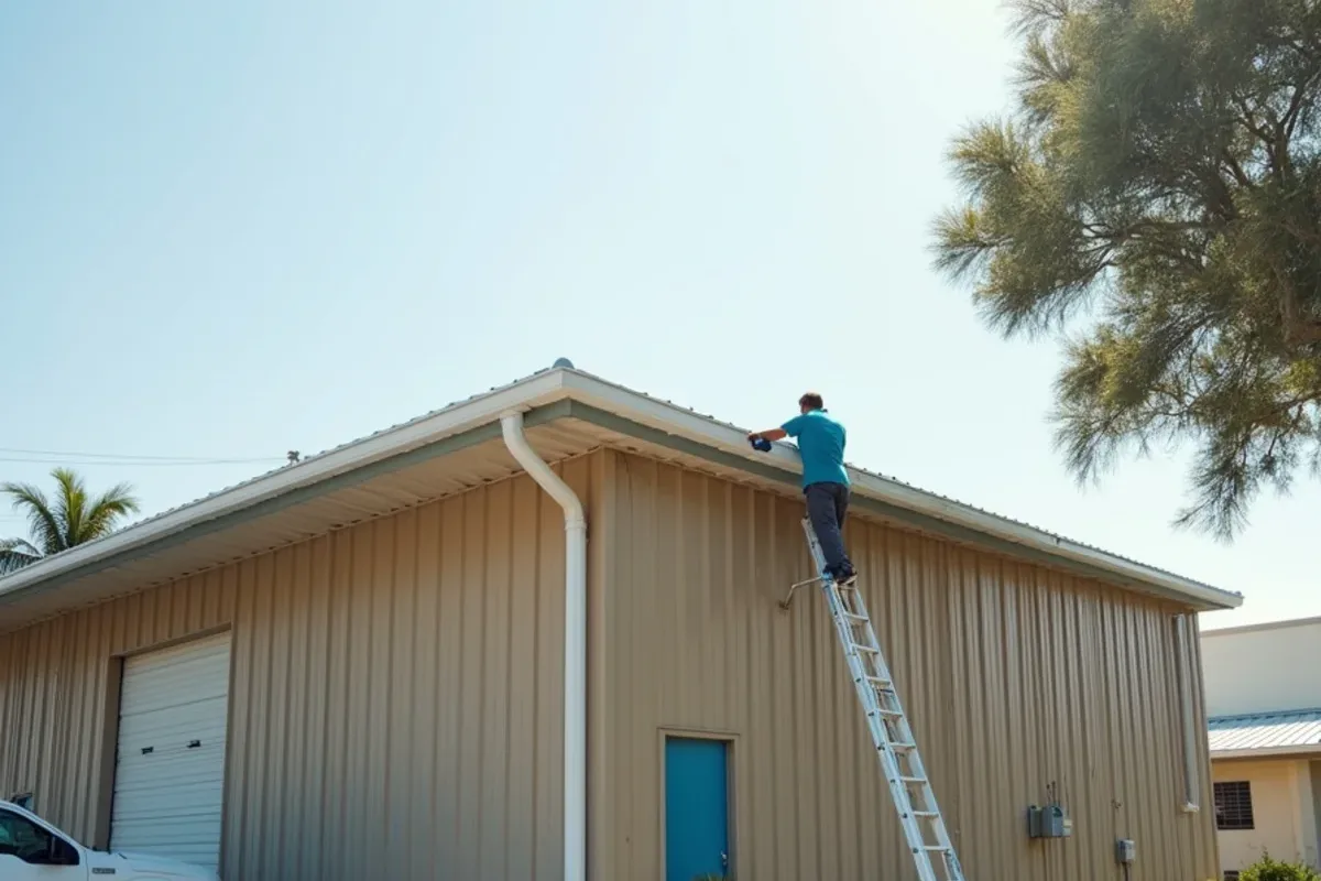 Long seamless gutter run along a warehouse metal roof with oversized downspouts