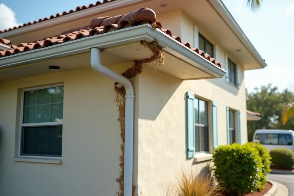 Sagging leaf-filled gutter and stained stucco at the corner of a two-story office building before commercial gutter service