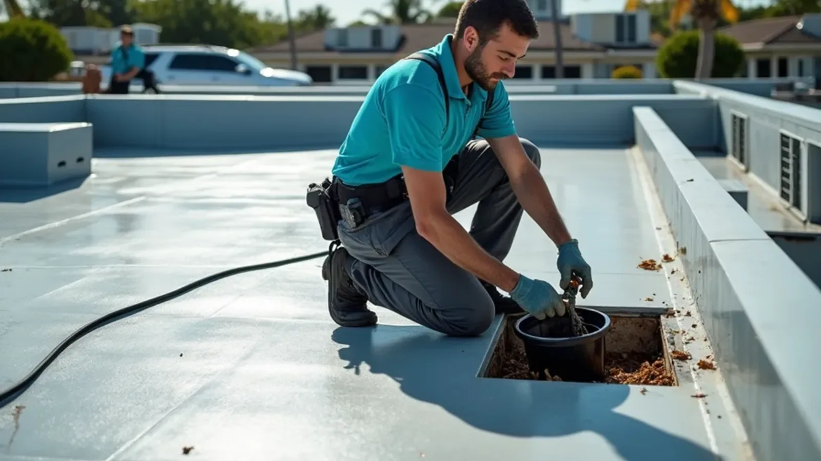 Crew clearing a parapet scupper on a flat retail plaza roof in South Florida