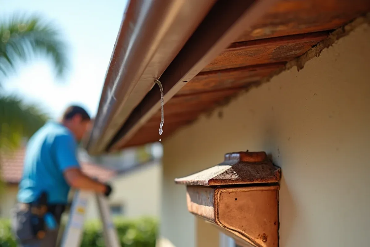 Copper leader head collecting water from a flat roof scupper on a stucco parapet wall