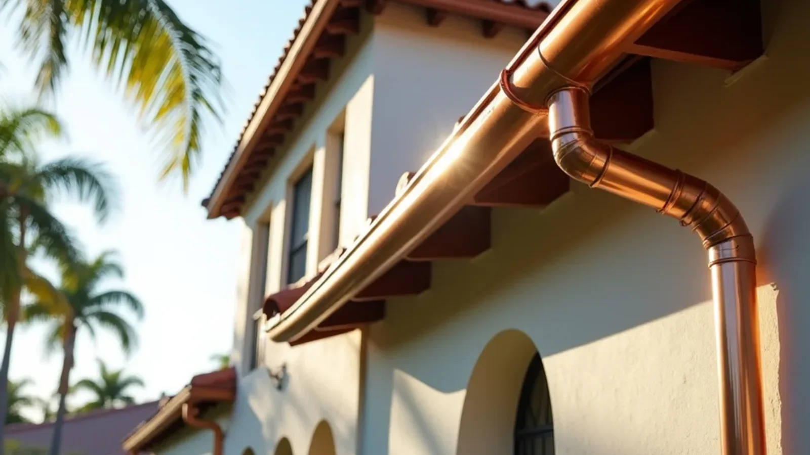 New copper half-round gutter under clay barrel tile on a Mediterranean revival style home