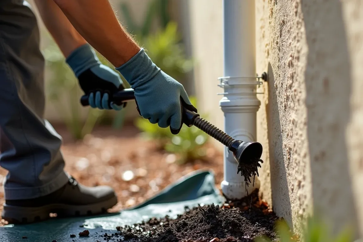 Hand drain snake fed into the lower elbow of a clogged white downspout