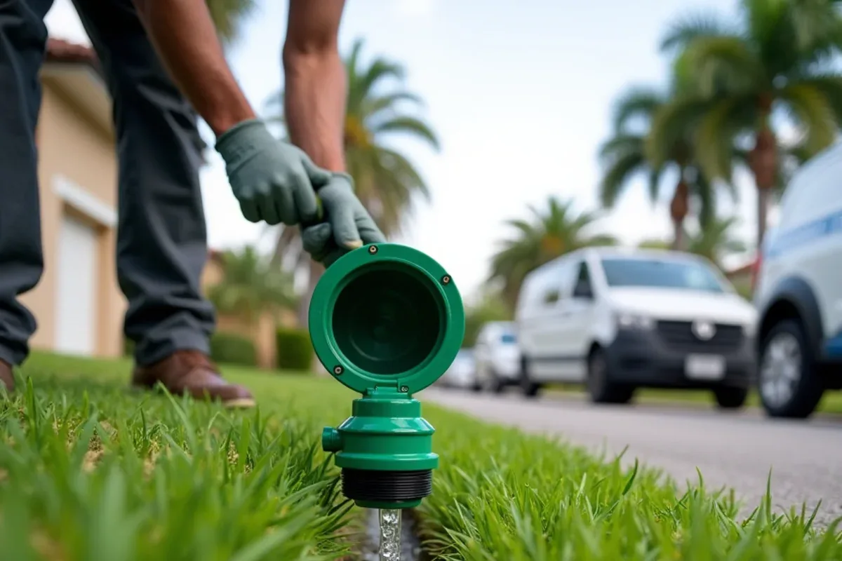 Pop-up drainage emitter releasing water in a St. Augustine lawn after an underground line flush