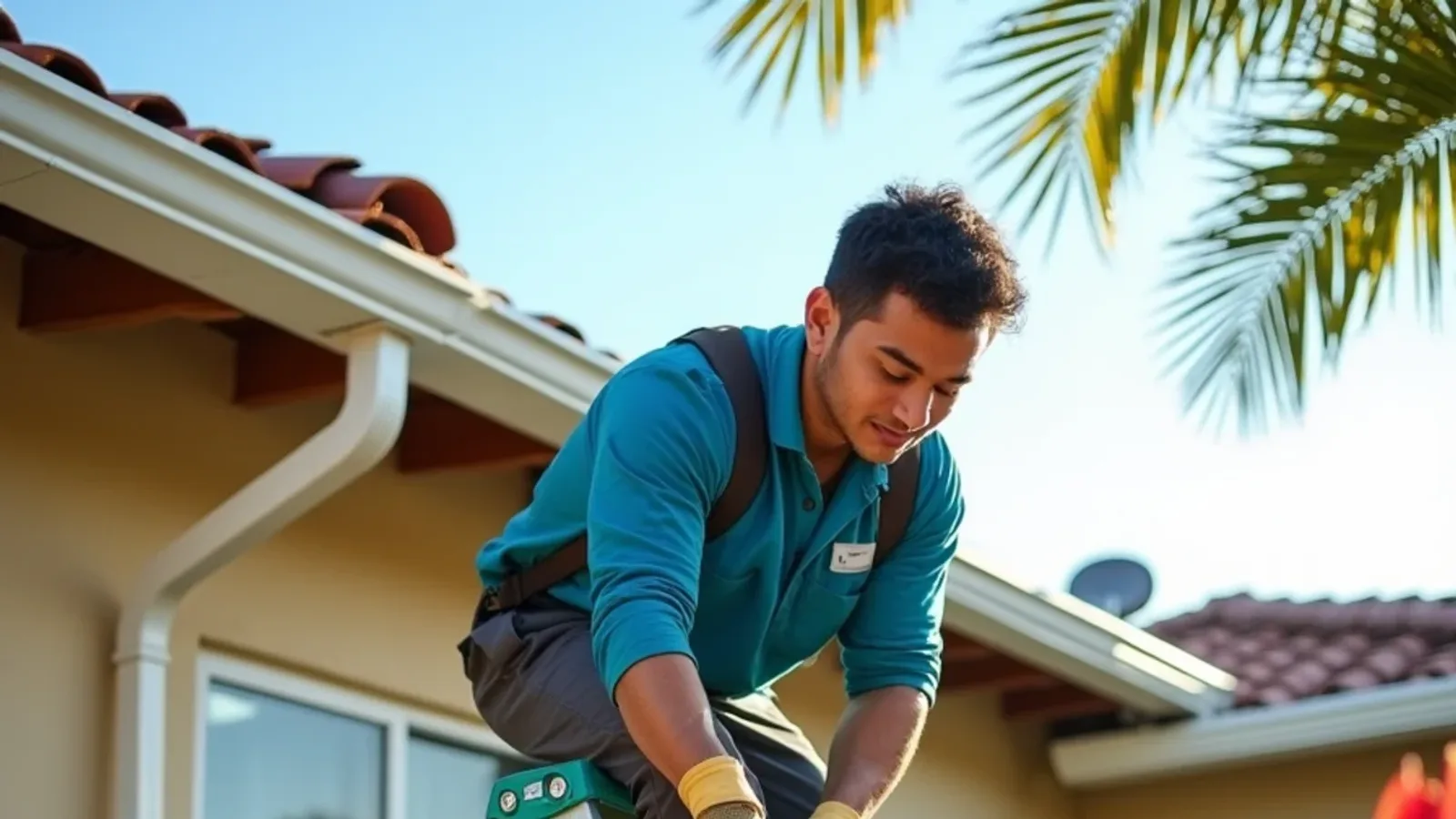 Technician flushing a white downspout with a garden hose fed into the gutter outlet