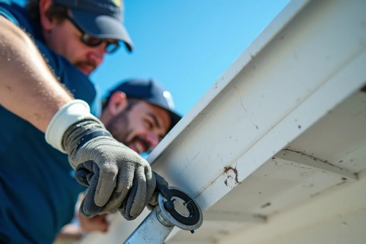New downspout outlet riveted and sealed into the bottom of an existing aluminum gutter