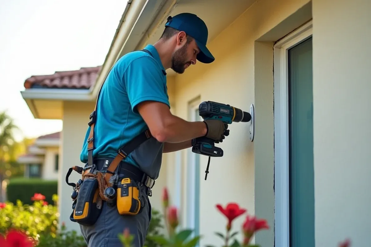 Crew member driving stainless masonry screws through a downspout strap into a stucco wall