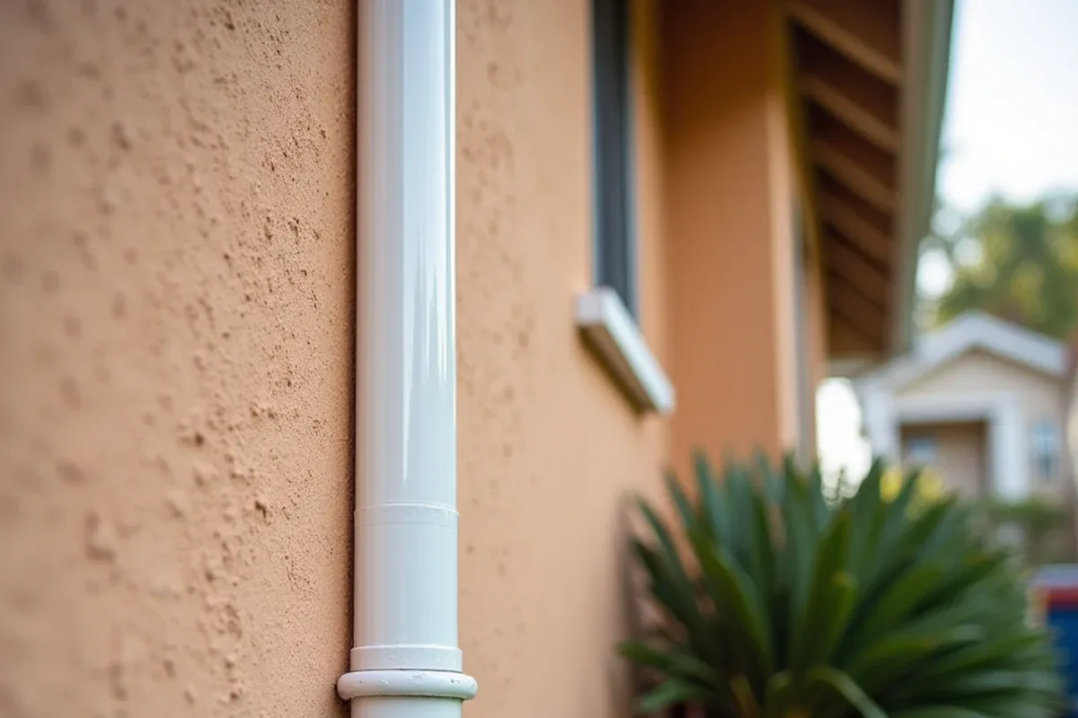 New 3x4 downspout strapped tight with an open shoe elbow and splash block on a stucco wall after downspout repair