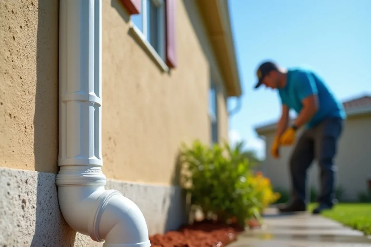 Rainwater pooling beside a slab foundation below a short downspout elbow after a storm