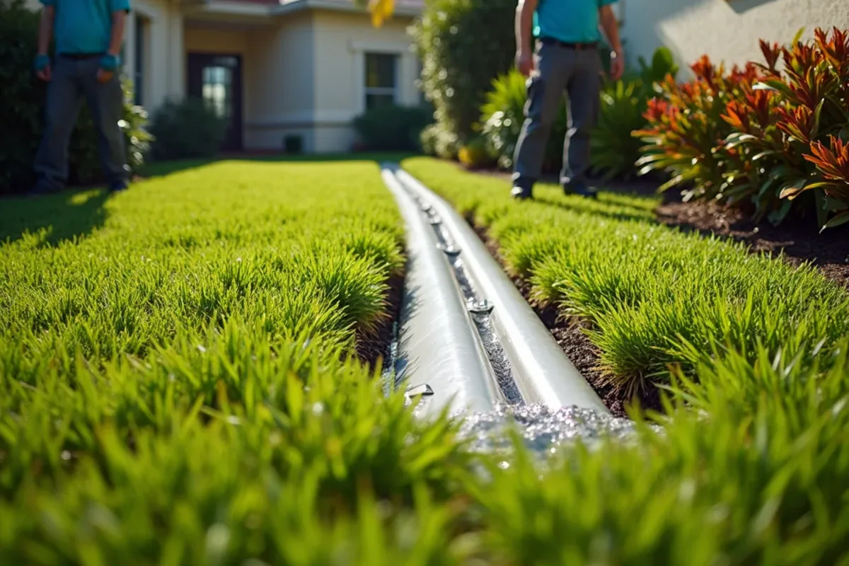 Hinged flip-up downspout extension carrying gutter water across a St. Augustine lawn