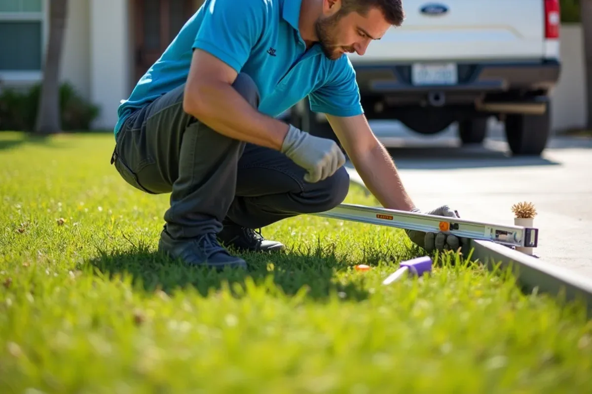 Technician checking lawn slope with a level before planning downspout drainage routes