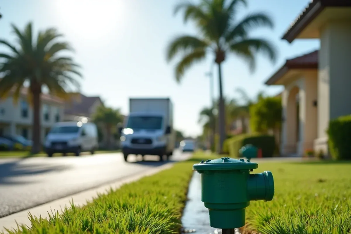 Green pop-up emitter open in a front lawn releasing downspout water toward the street swale