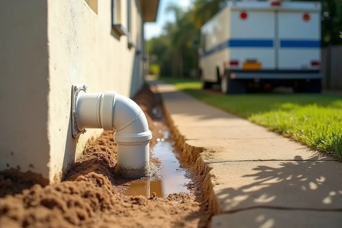 Short downspout elbow dumping roof water into an eroded trench along a slab foundation before a drainage fix