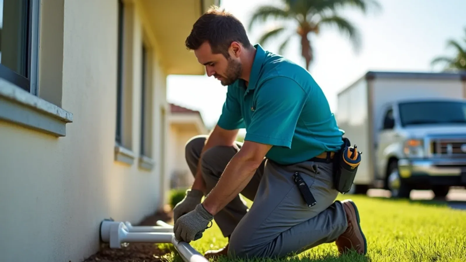 Crew attaching a downspout extension that carries roof water away from a stucco home's foundation