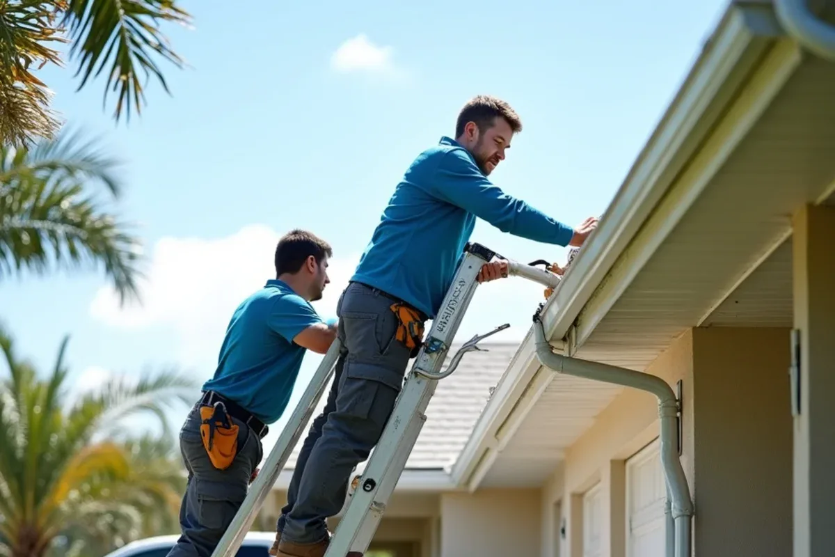 Two workers securing a detached gutter section with temporary hangers after a storm