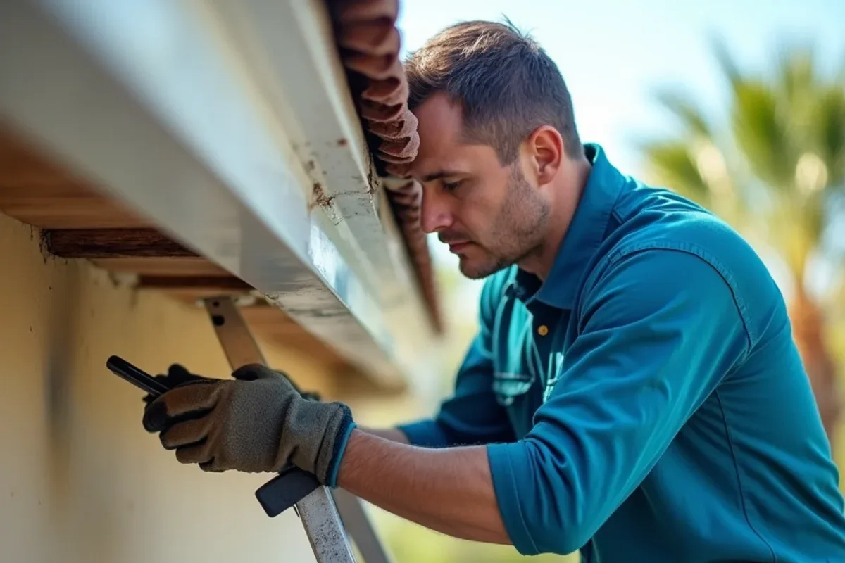Technician photographing torn fascia and bent hangers behind a storm-damaged gutter