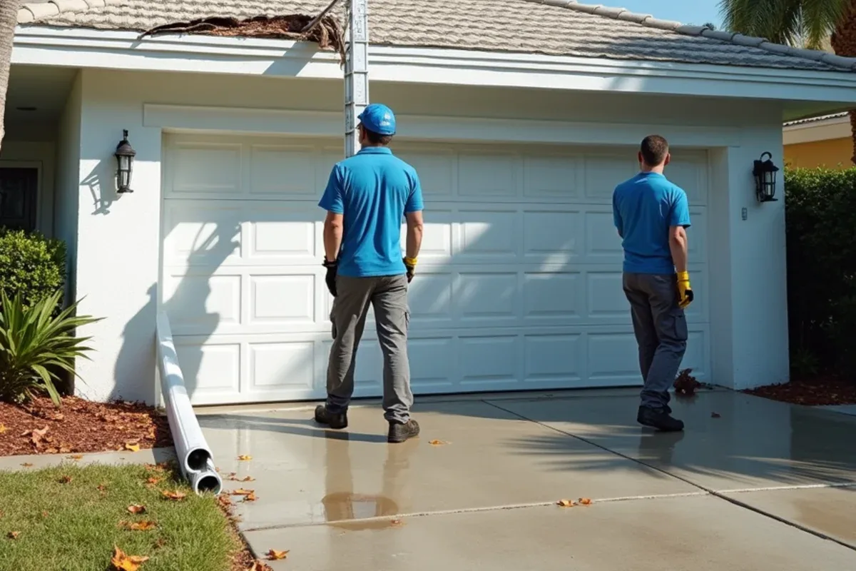 Storm-torn gutter section hanging across a garage door on a single-story tile roof home before emergency make-safe