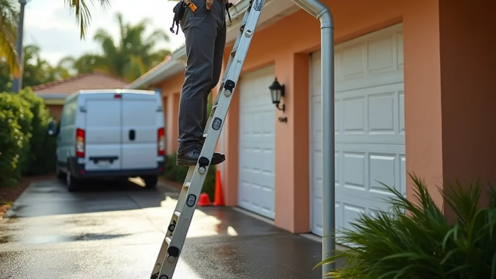 Technician strapping a storm-torn gutter section on a two-story stucco home during emergency gutter repair