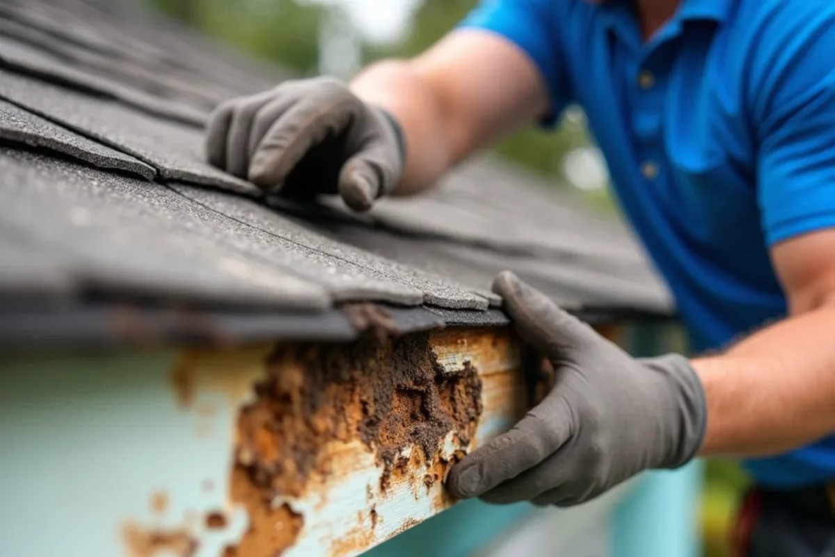 Rotted fascia board with torn screw holes where gutter hangers pulled free
