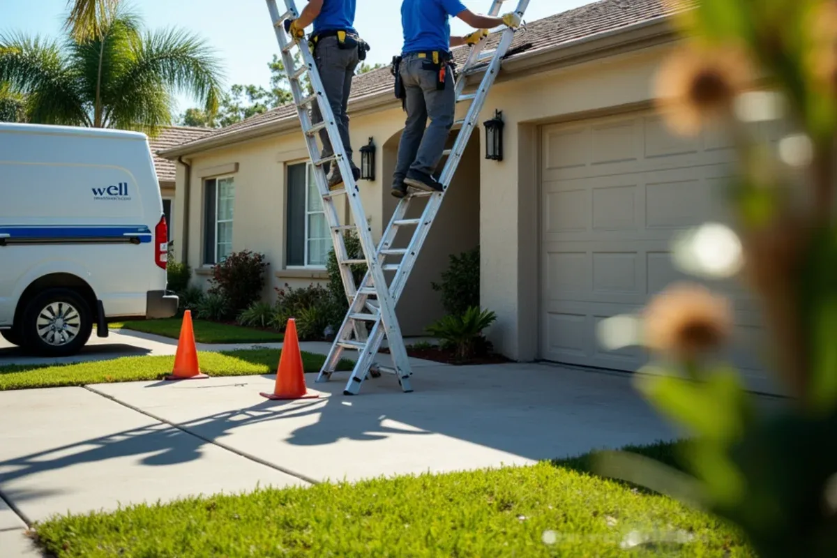 Two workers lowering a detached gutter section from a roof edge during make-safe
