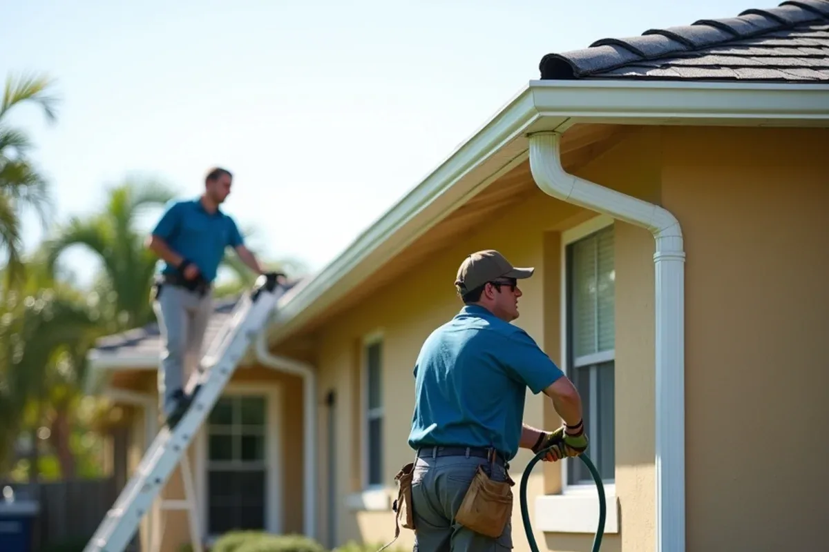 Re-hung gutter water tested with a garden hose on a tan stucco home after fallen gutter repair