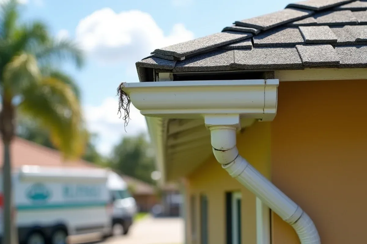 Gutter torn off the fascia and sagging toward the lawn on a tan stucco home before fallen gutter repair