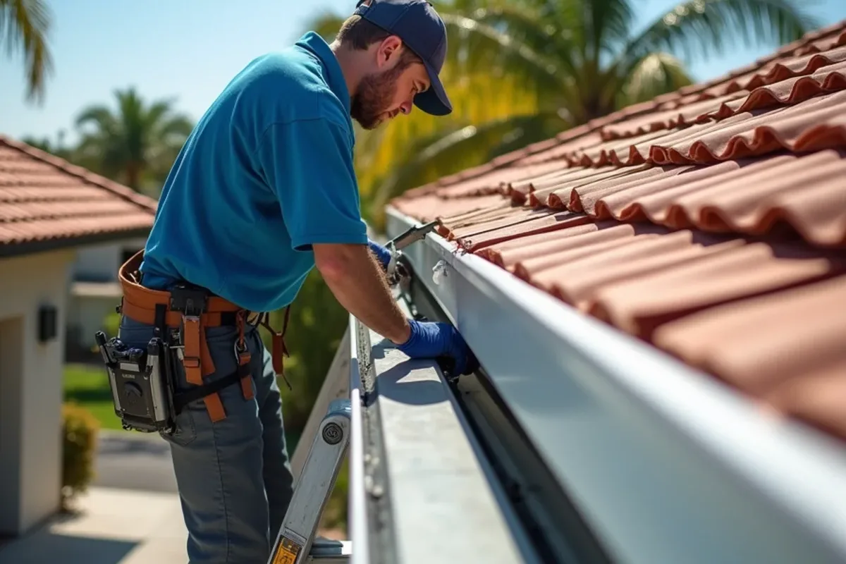 Installer fitting brake-bent white aluminum wrap over repaired fascia below a tile roof