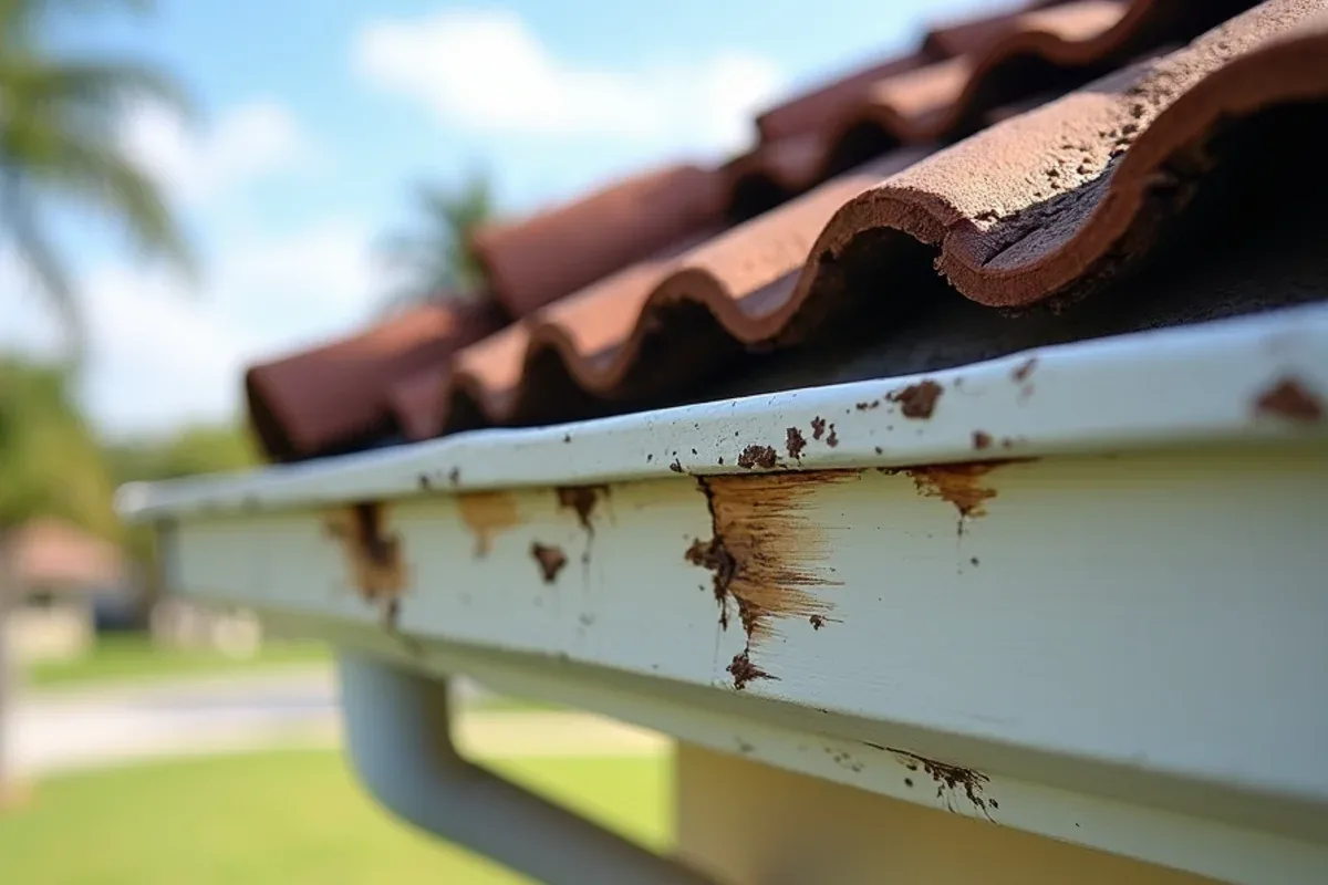 Rotted, peeling fascia board with a dipping gutter at the corner of a stucco home before fascia board repair