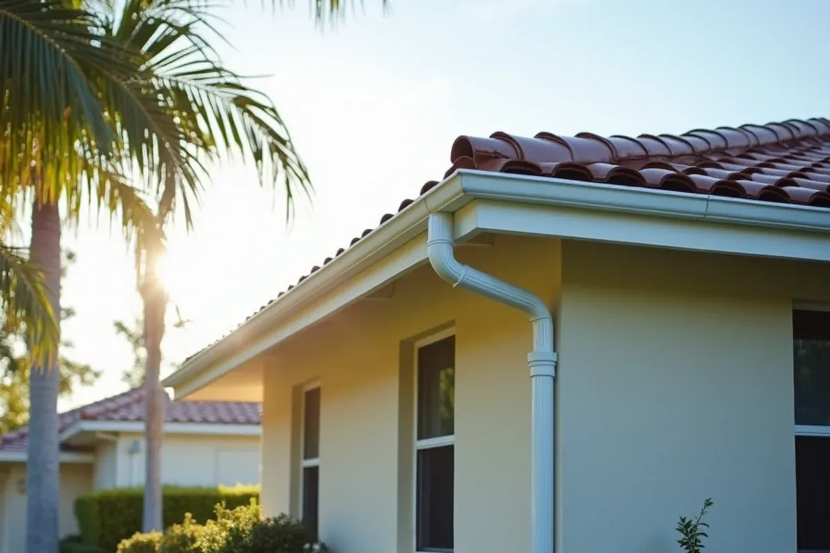 New aluminum-wrapped fascia with a straight re-hung gutter at the corner of a stucco home after fascia board repair