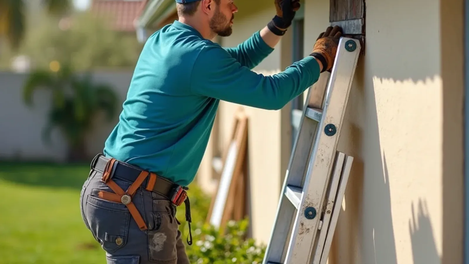 Carpenter replacing a rotted fascia board section behind a removed seamless gutter