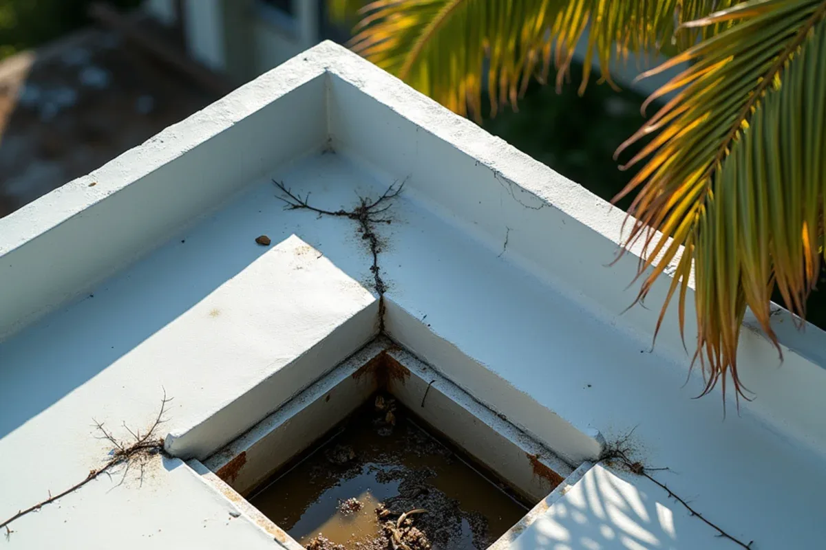 Parapet scupper choked with leaves and palm seed above standing water before flat roof scupper cleaning
