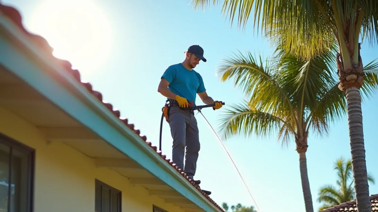 Technician rinsing a cleared parapet scupper on a mid-century flat-roof home as water drains into a leader head