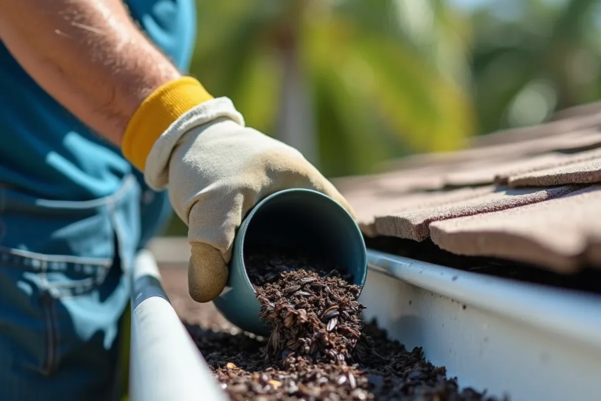 Gloved hand scooping packed black olive leaves out of a gutter beside the downspout outlet