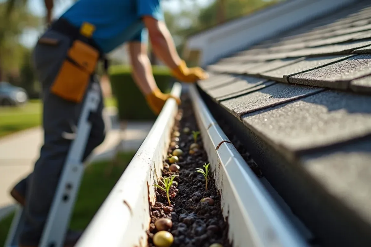 White K-style gutter packed with black olive leaves, seed pods and seedlings before gutter cleaning
