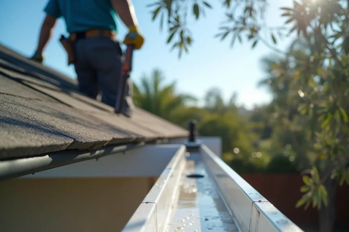 Clean white K-style gutter trough with an open downspout outlet after hand gutter cleaning