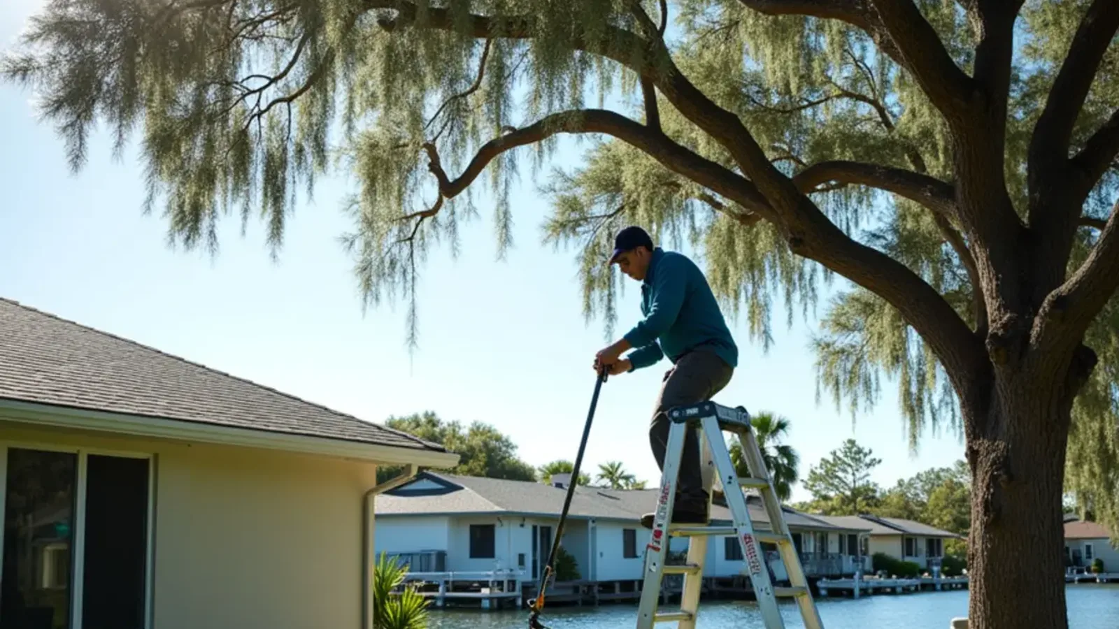 Gutter technician hand-cleaning a white K-style gutter on a canal-front ranch home under a black olive tree