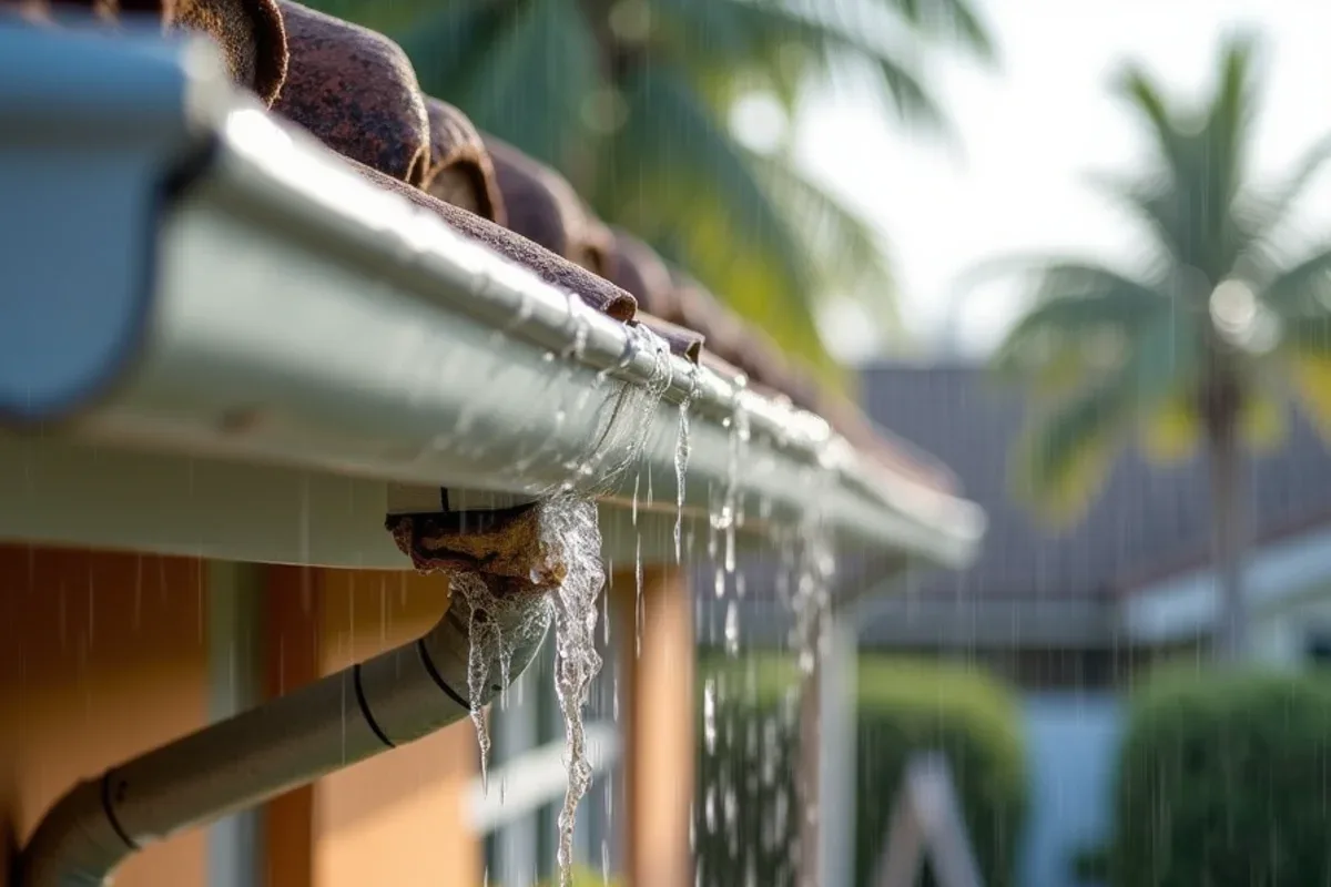 Rain sheeting off the front edge of a clogged gutter guard during an afternoon storm
