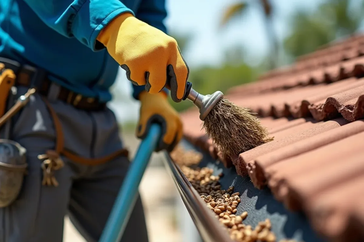 Gloved hand clearing frond pieces and seed pods from a gutter guard surface