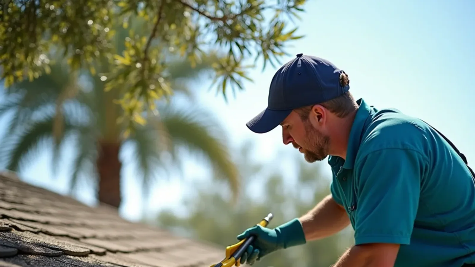 Technician brushing a matted layer of leaves and pollen off a mesh gutter guard