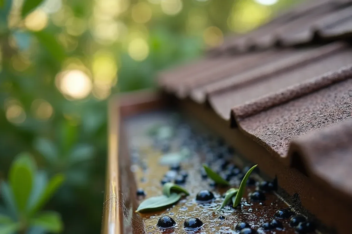 Small black olive leaves and seeds sitting on top of a fine mesh gutter guard