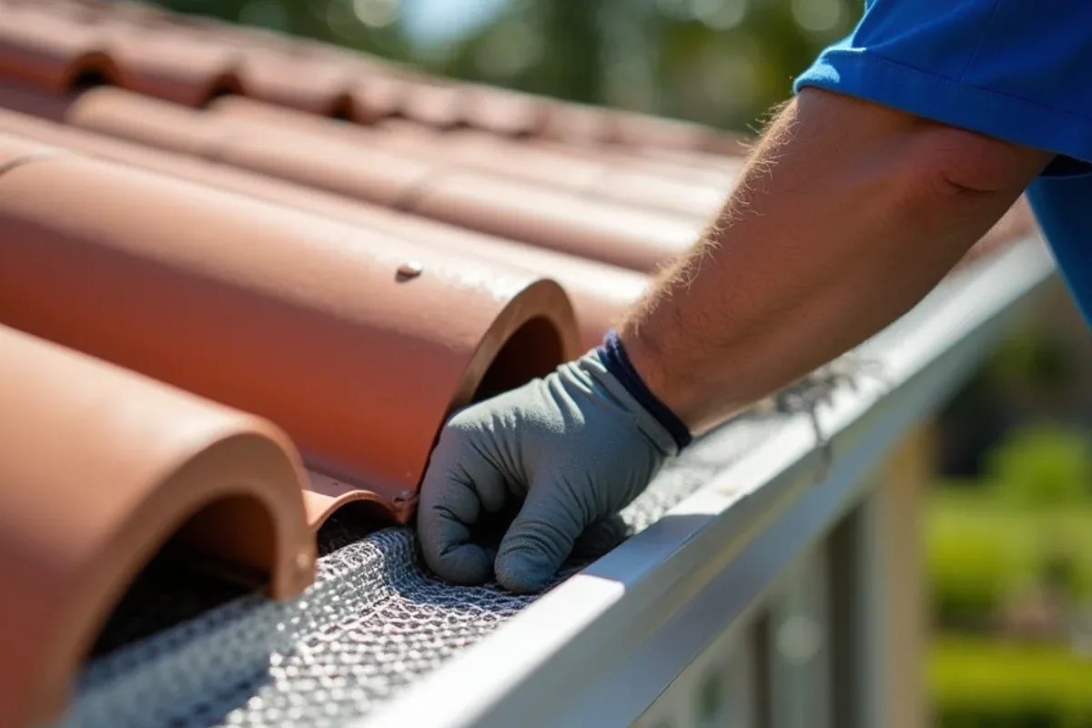 Gutter guard fastened to the gutter lip beneath an undisturbed barrel tile roof edge