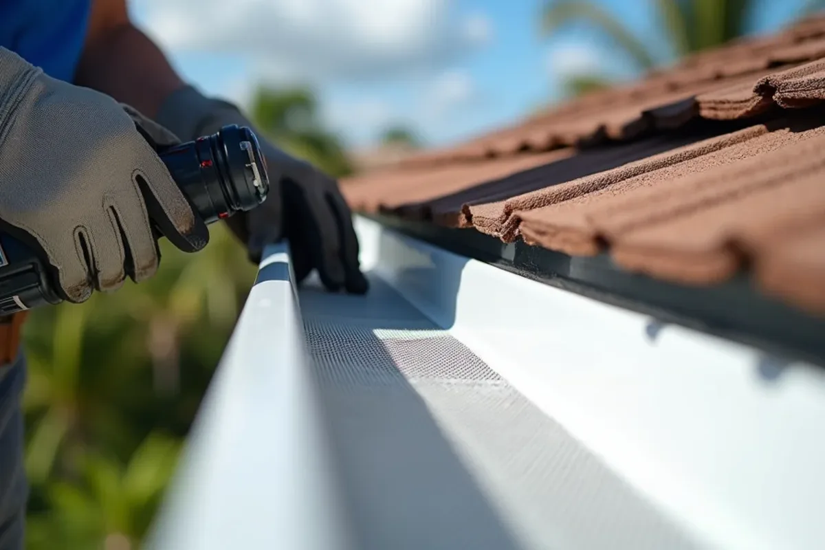 Installer screwing a micro-mesh guard panel onto the front lip of a seamless gutter