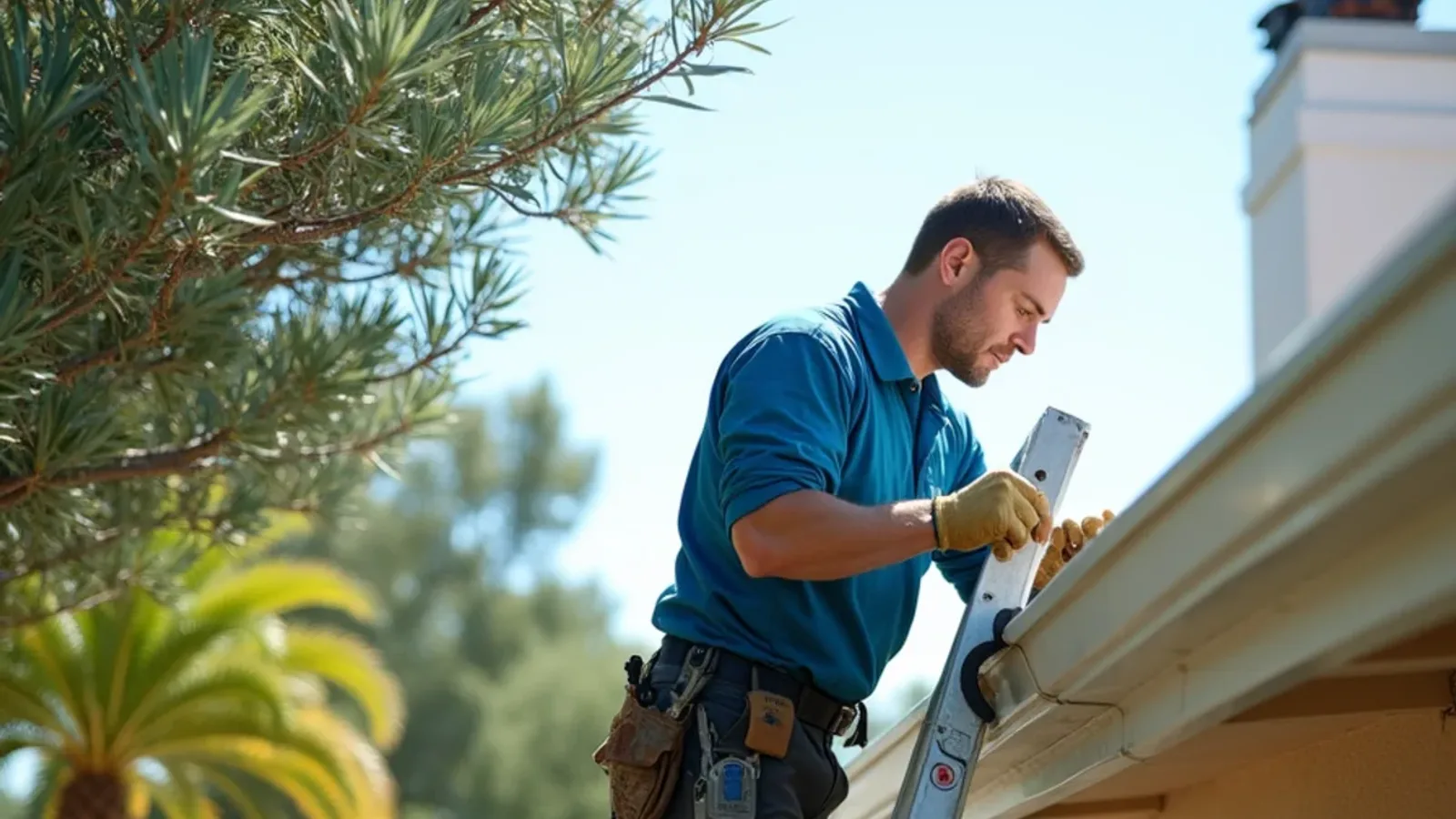 Crew fitting gutter guards on a stucco home shaded by a black olive tree and palms