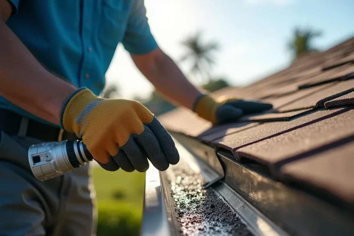 Technician lifting a micro-mesh gutter guard to rinse fine debris during a maintenance visit