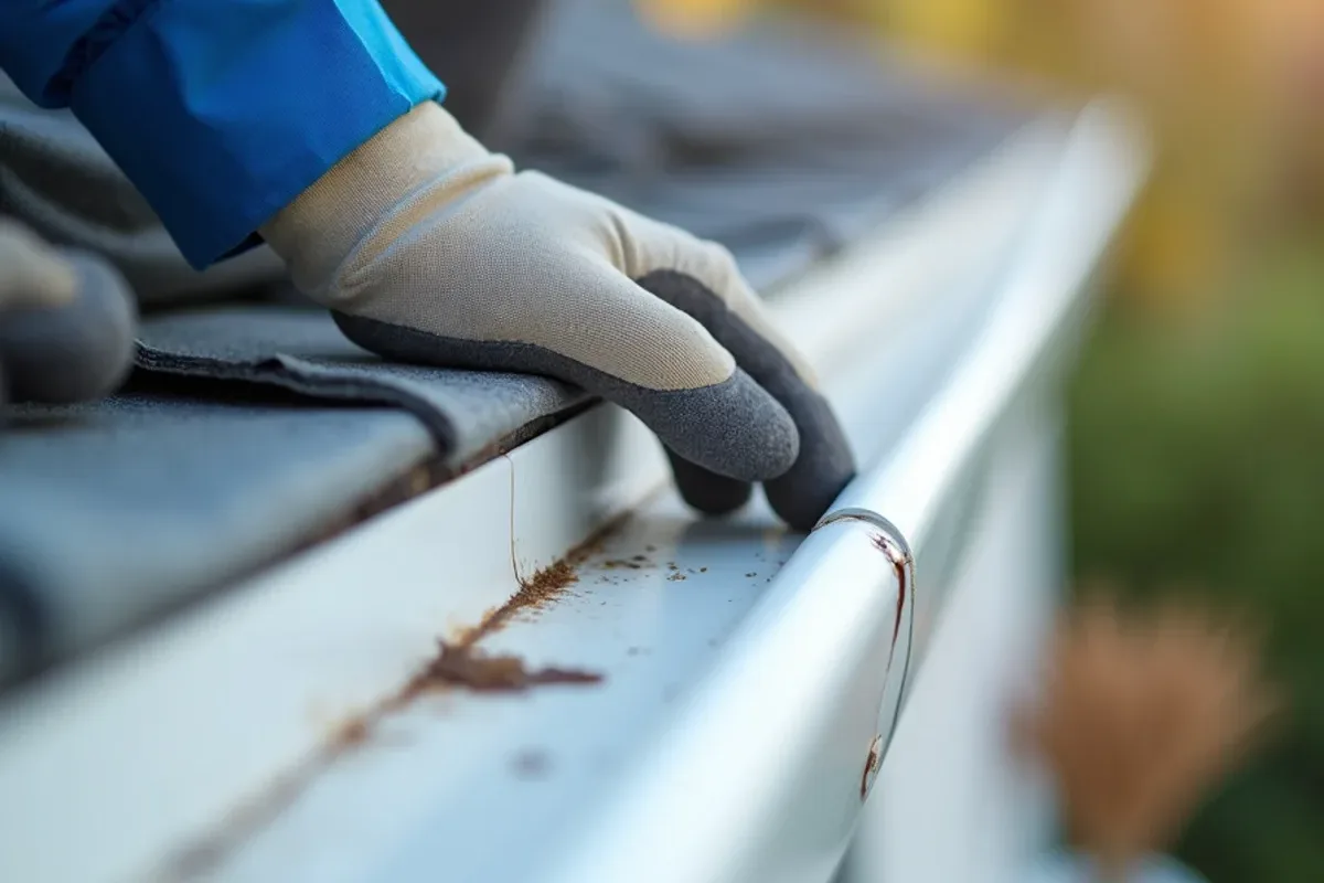 Close inspection of cracked sealant on a gutter corner miter during an annual gutter inspection