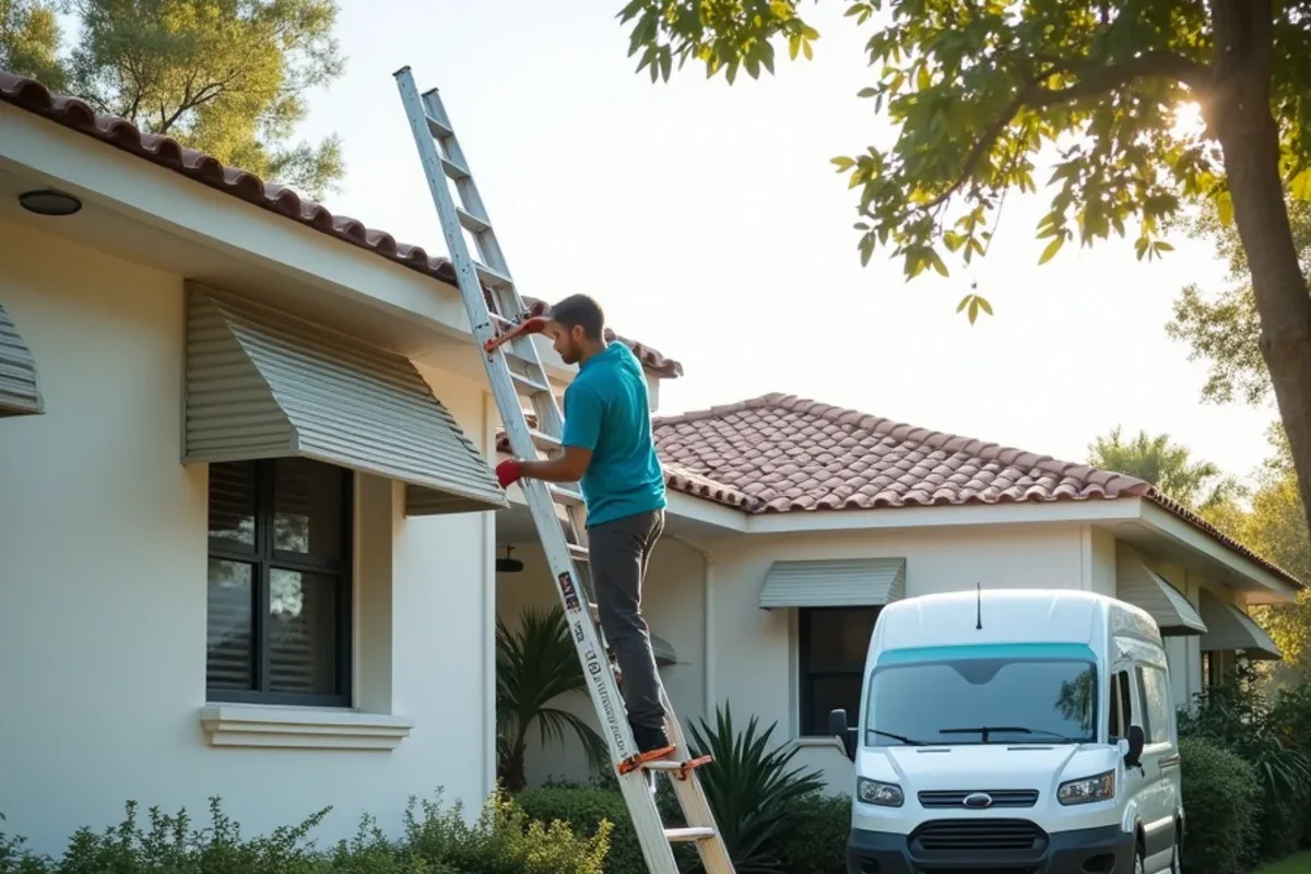 Gutter crew cleaning gutters on a closed-up second home with storm shutters on the windows