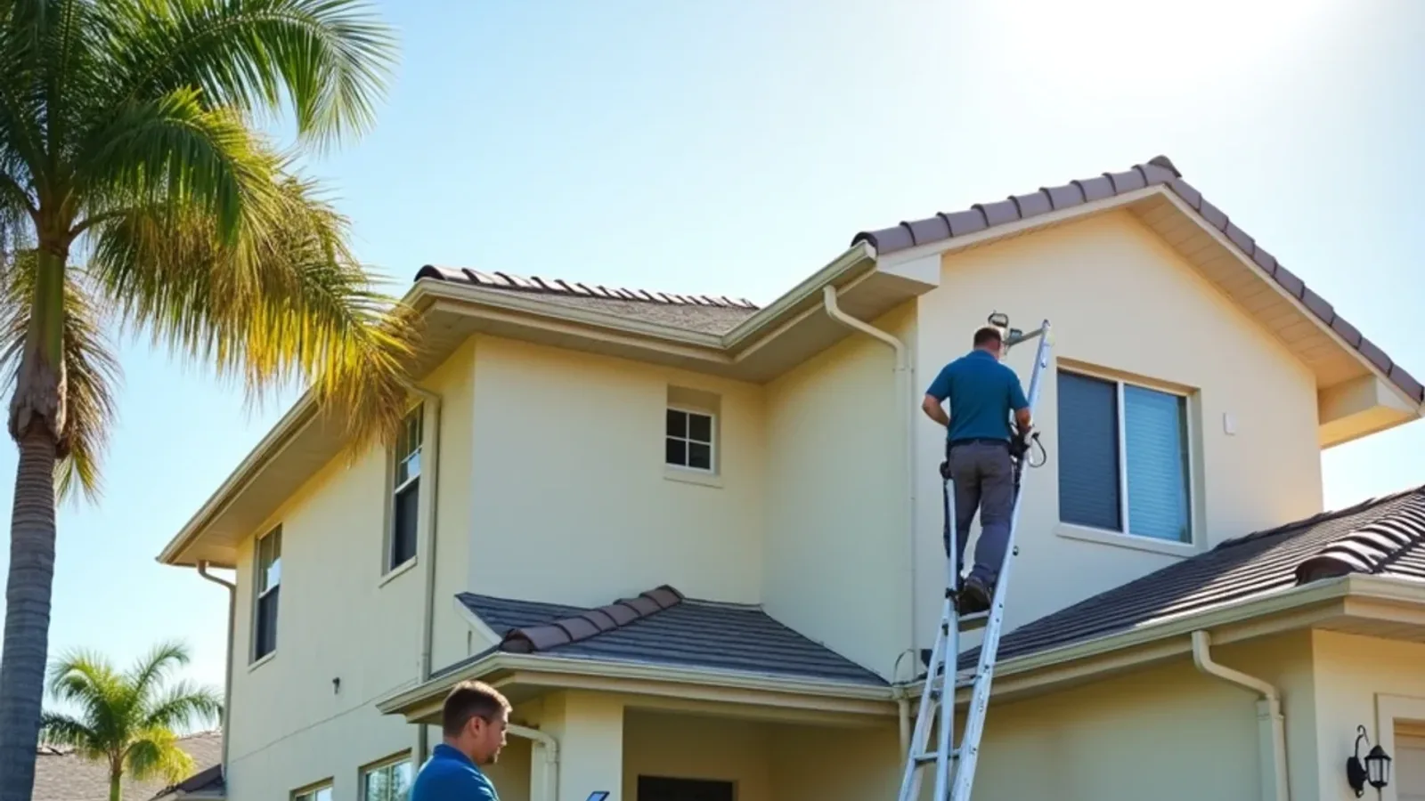 Scheduled gutter maintenance visit with a downspout flow check on a two-story stucco home with palms